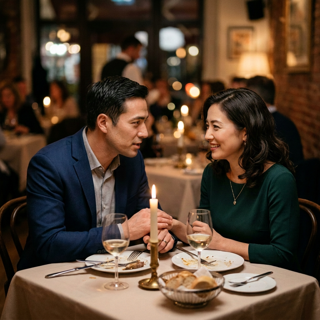 Couple holding hands across a candlelit table during a dinner date
